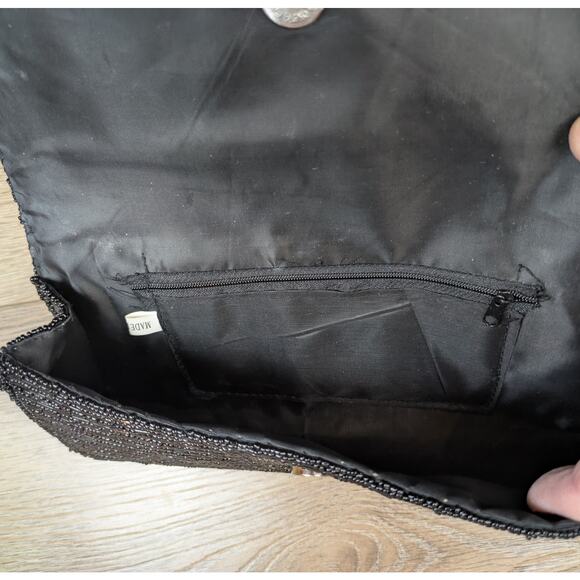 Beaded Clutch Bag Black Seed Bugle Bead Evening Purse Formal Wedding Vintage - Picture 9 of 9